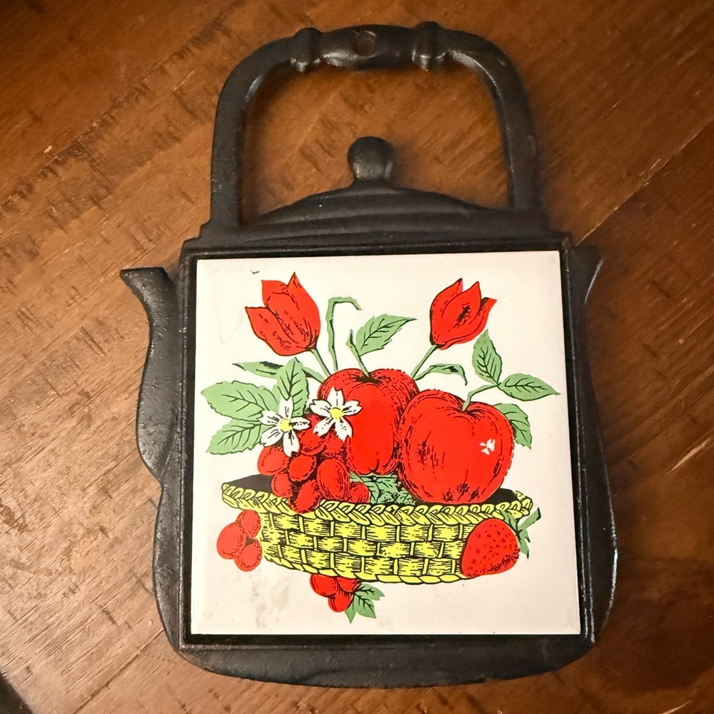 Vintage Cast Iron Teapot Ceramic Trivet with Fruit Design